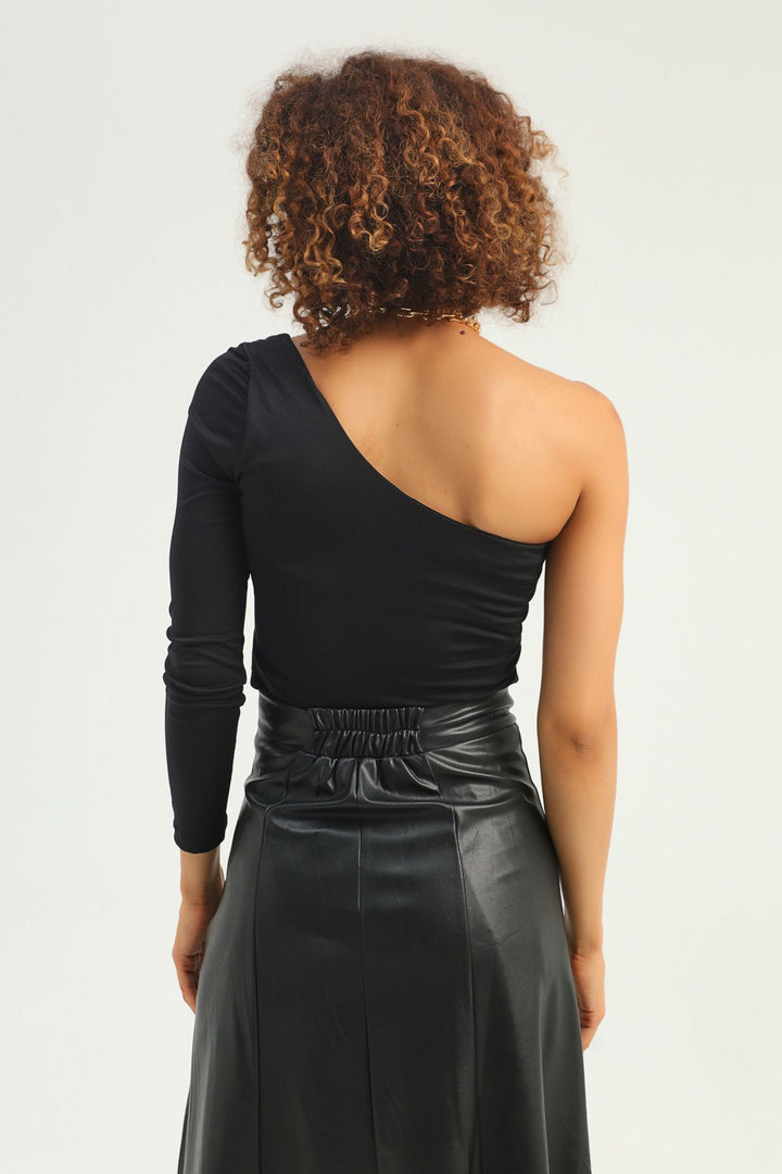 Tek Omuz Crop Bluz Siyah