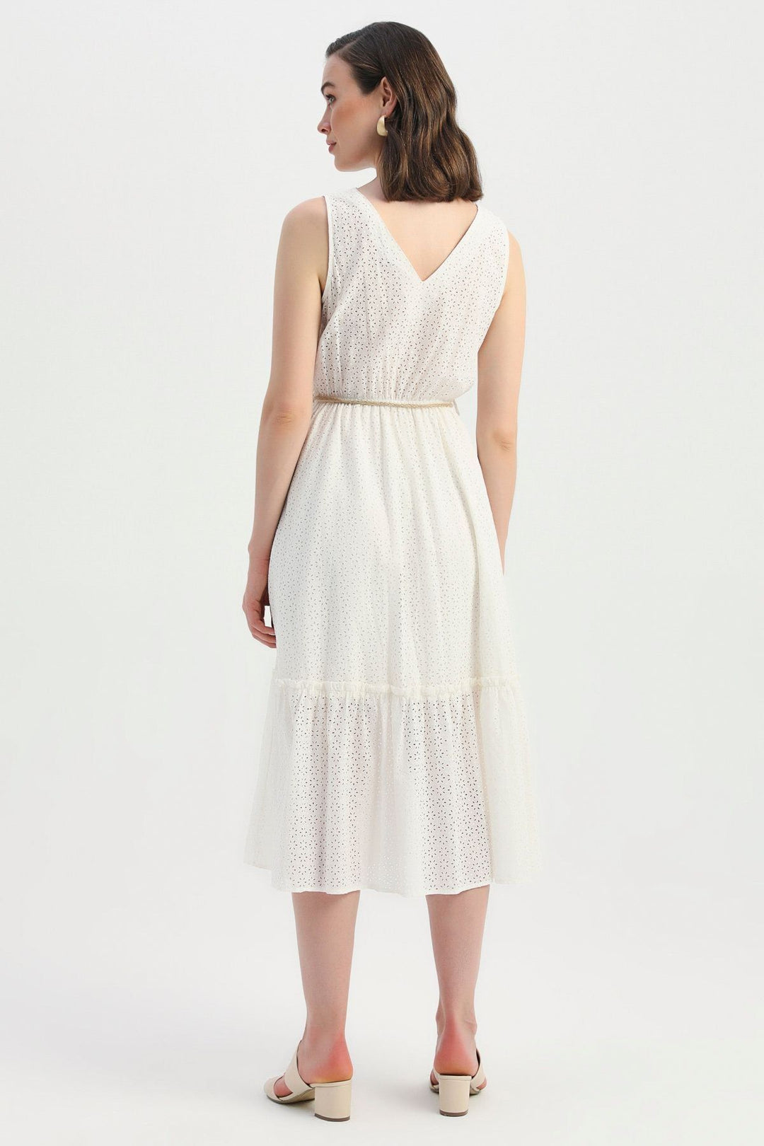 Straw Rope Belt Guipure Double Breasted Dress Ecru
