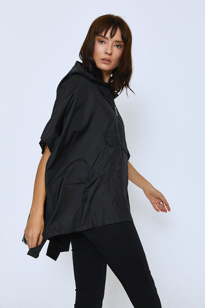 Oversize Kangaroo Pocket Raincoat Black