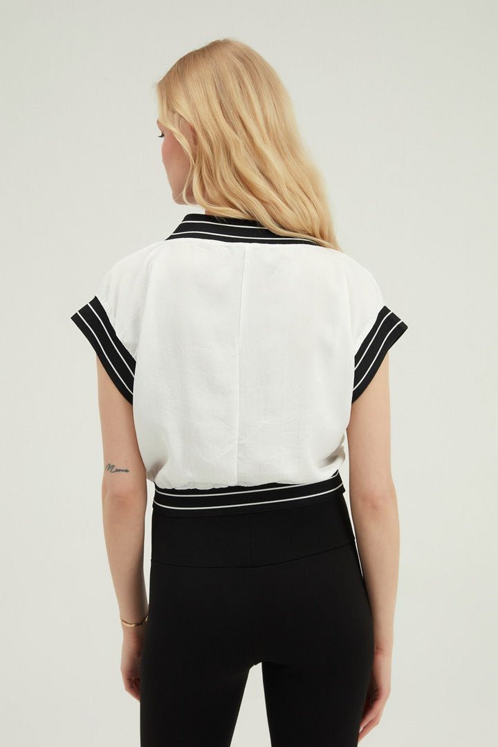 Ribanalı V Yaka Bluz Beyaz