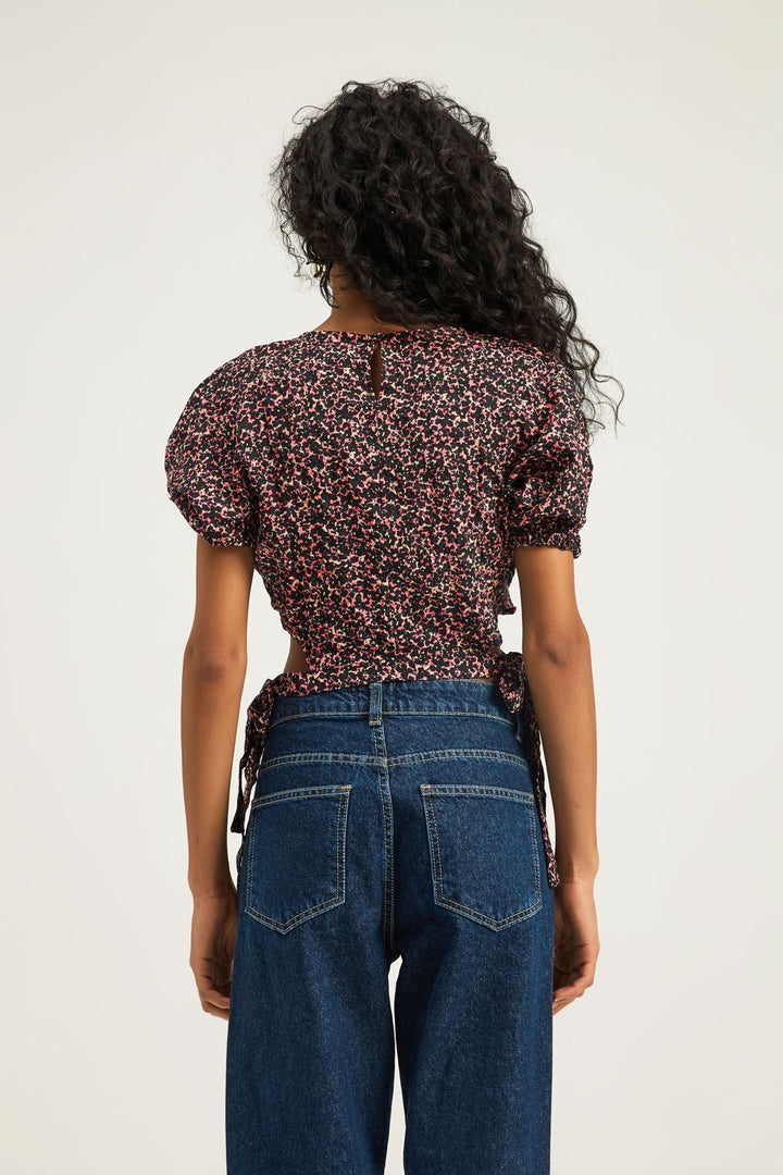 Tie Side Balloon Sleeve Blouse Black