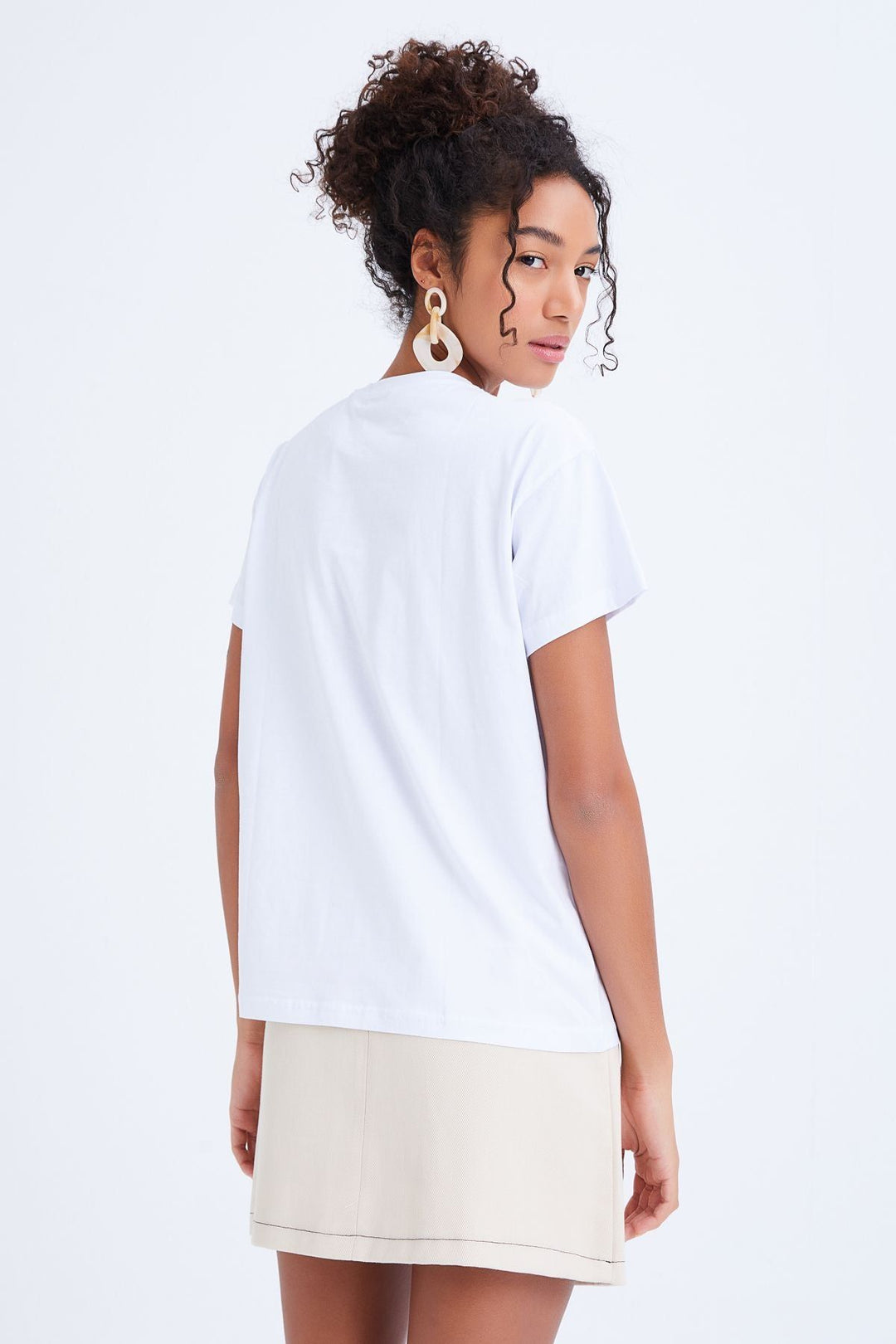 Baskılı Bisiklet Yaka Tişört Beyaz