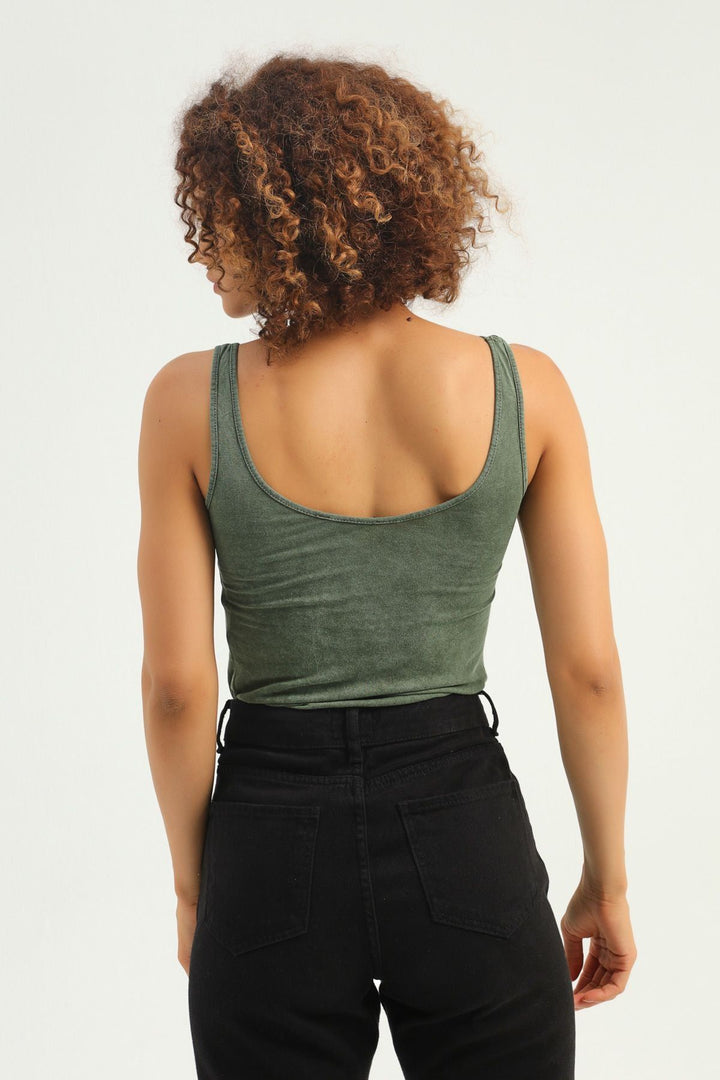 Letter Printed Strap Bodysuit Khaki