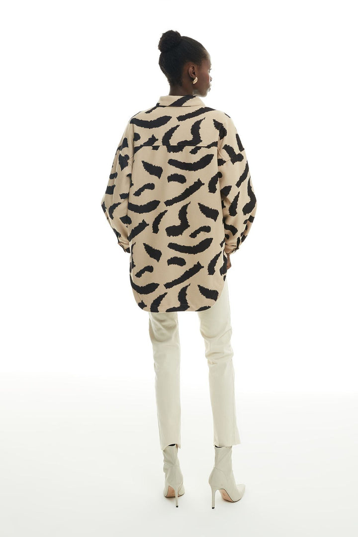 Fermuar Detaylı Leoparlı Ceket Bej