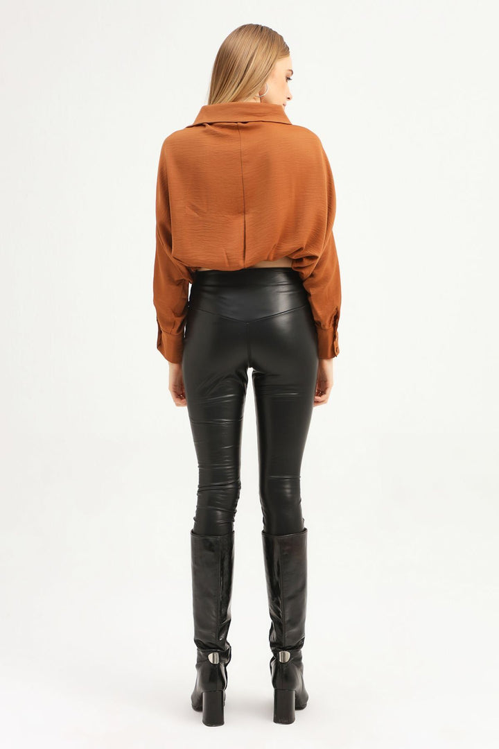 Beli Lastikli V Yaka Bluz Kahverengi