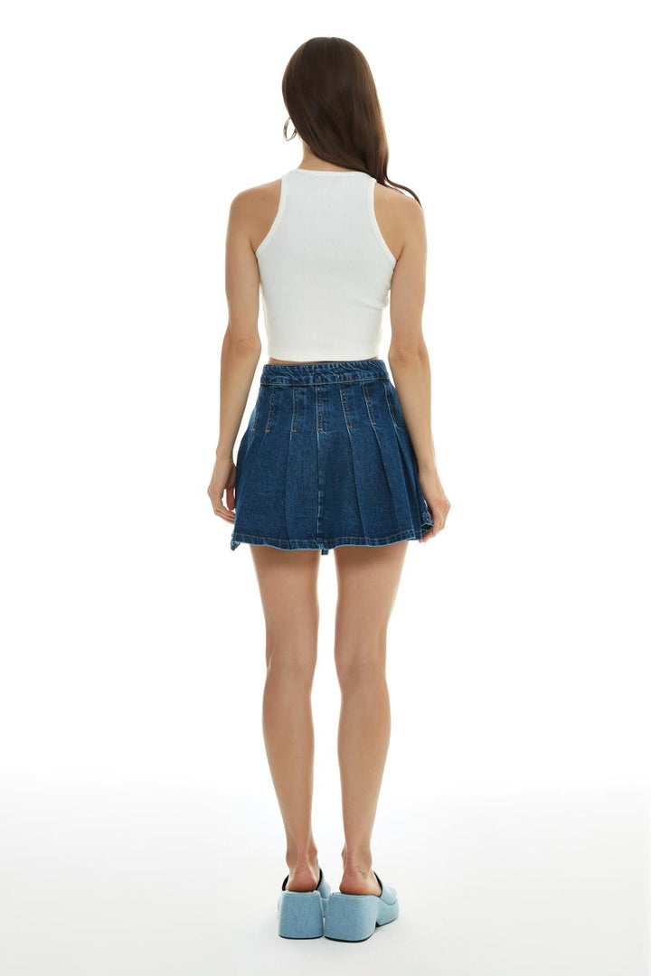 Pleat Detailed Mini Denim Skirt Blue