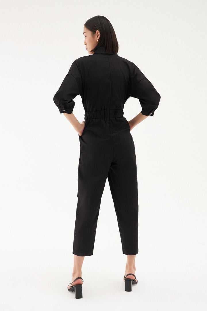 Belted Waist Balloon Sleeve Jumpsuit Black