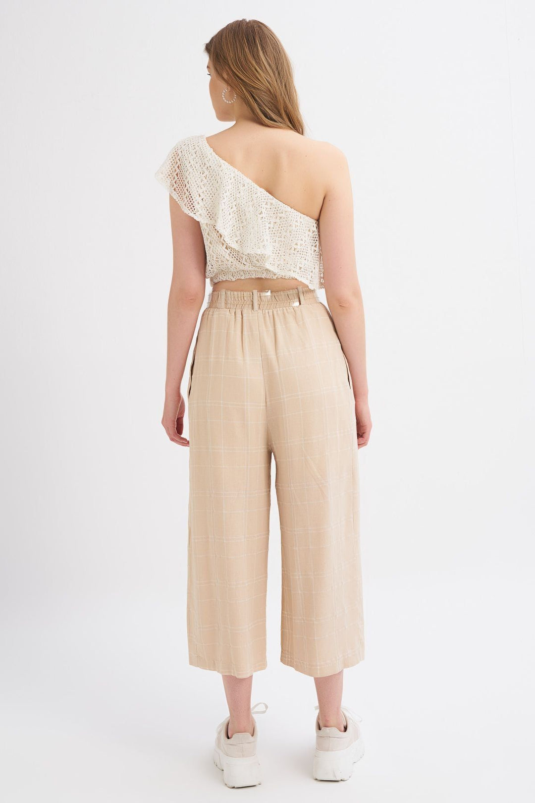 Belt Detailed Plaid Linen Trousers Beige