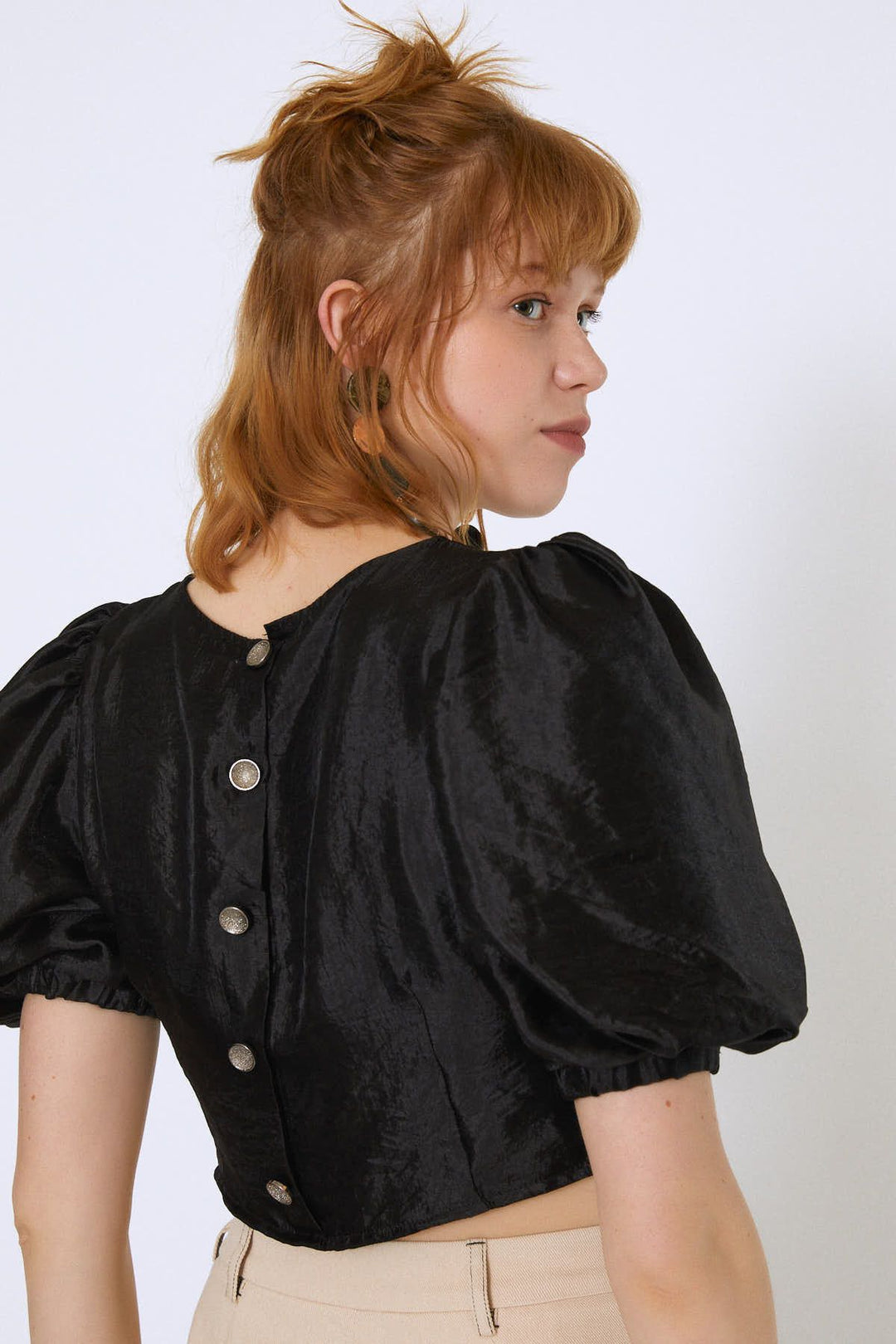 Balloon Sleeve Crop Blouse Black