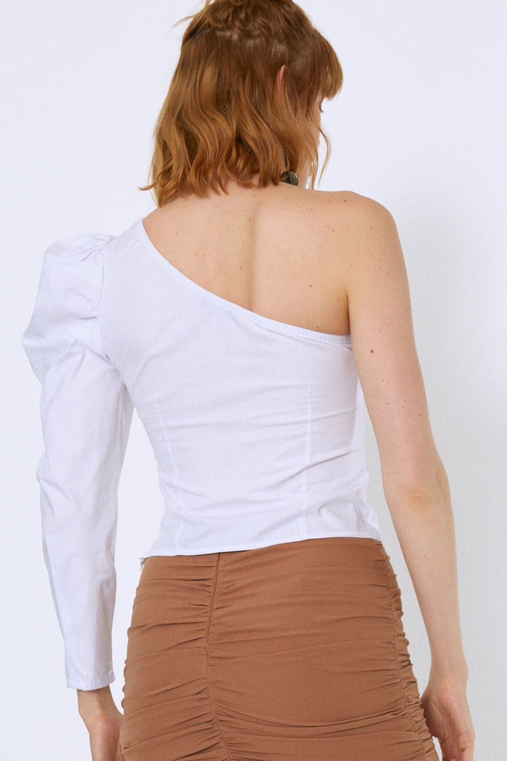 Tek Omuz Crop Bluz Ekru