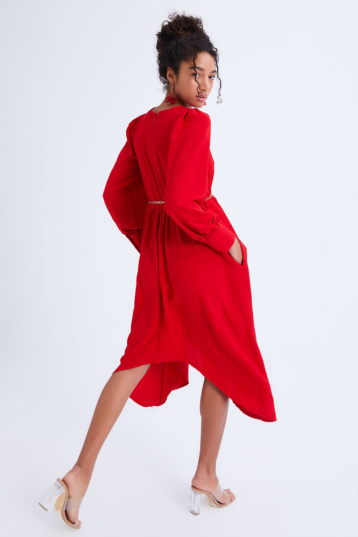 Chain Belt Asymmetric Dress Red
