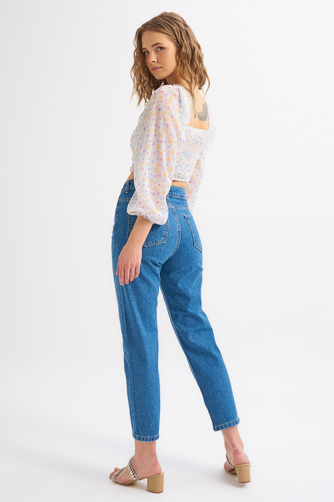 Floral Patterned Crop Blouse Ecru