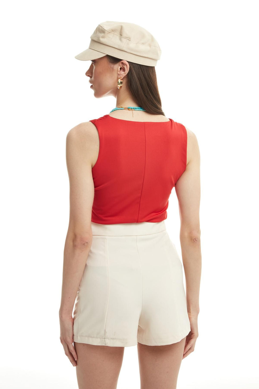 Düğme Detaylı Yüksek Bel Şort Kemik