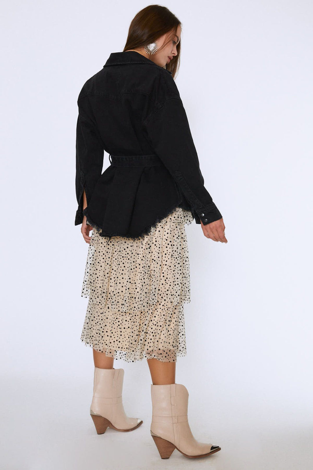 Belted Long Denim Jacket Anthracite