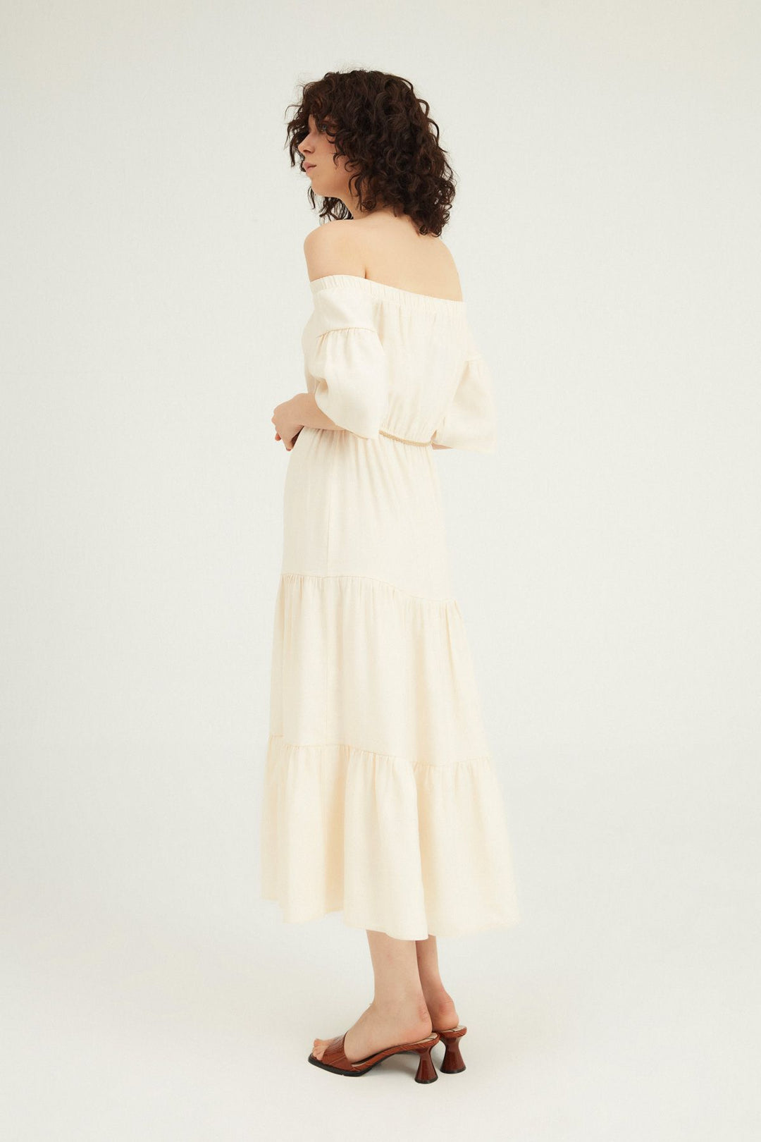 Off Shoulder Ruffle Dress Bone