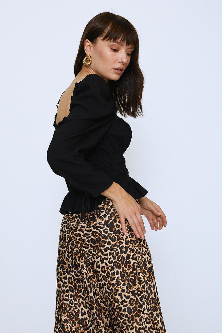 Leopard Pattern Satin Midi Skirt Brown