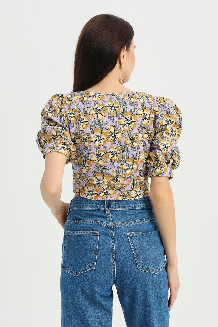 Floral Patterned Balloon Sleeve Crop Blouse Lilac
