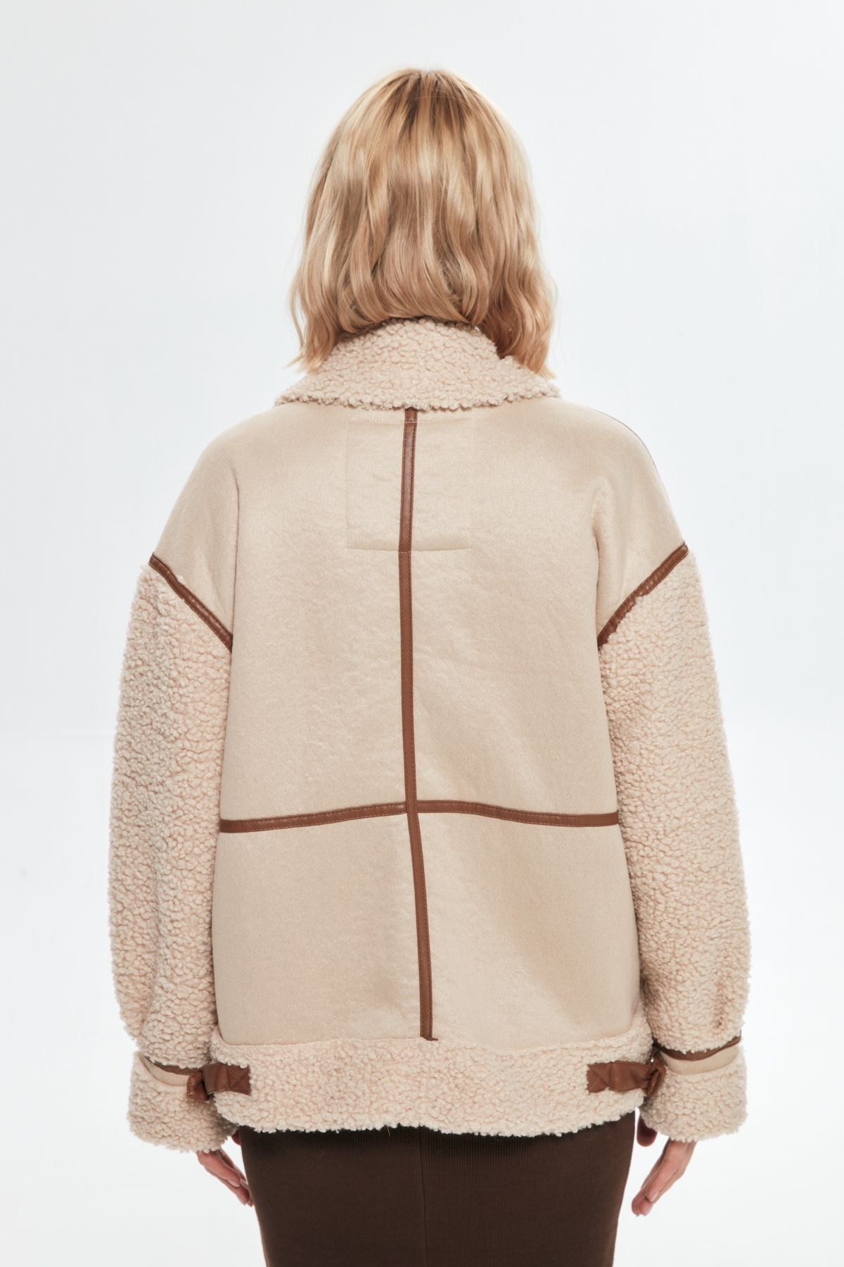 Stitched Short Coat with Plush Detail on Sleeves Beige