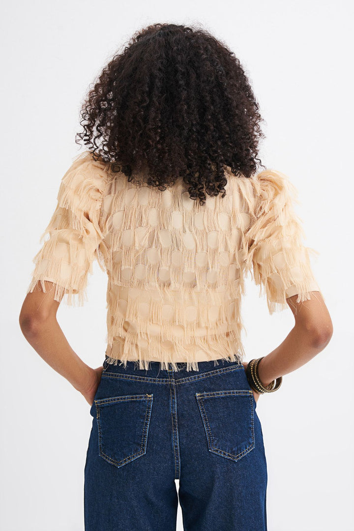 Tasseled Balloon Sleeve Blouse Beige