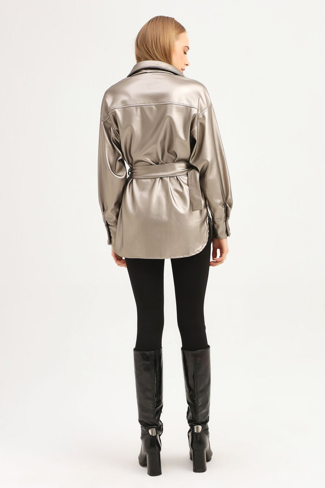 Kemerli Cepli Deri Gömlek Gri
