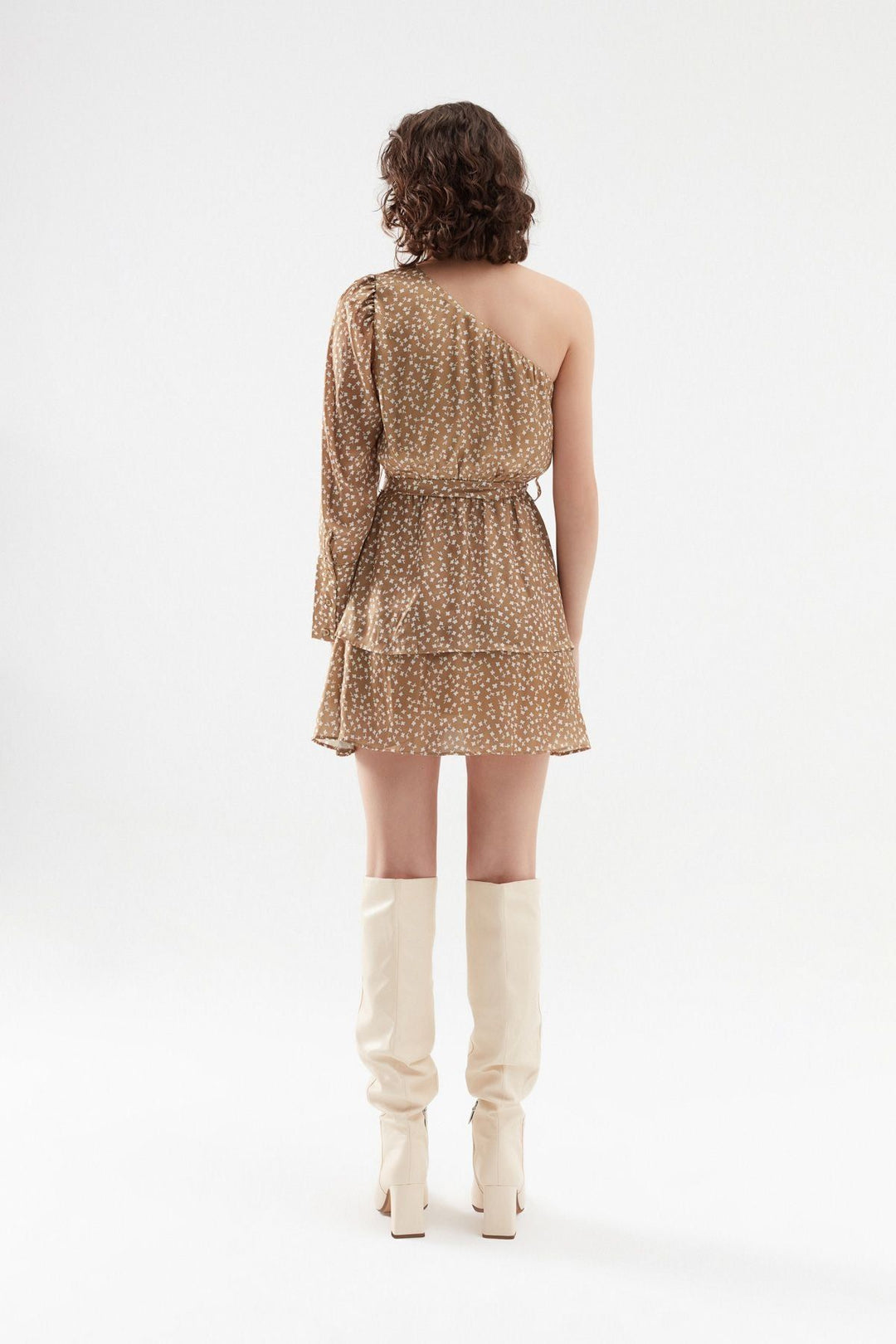 Tek Omuz Fırfırlı Mini Elbise Olive