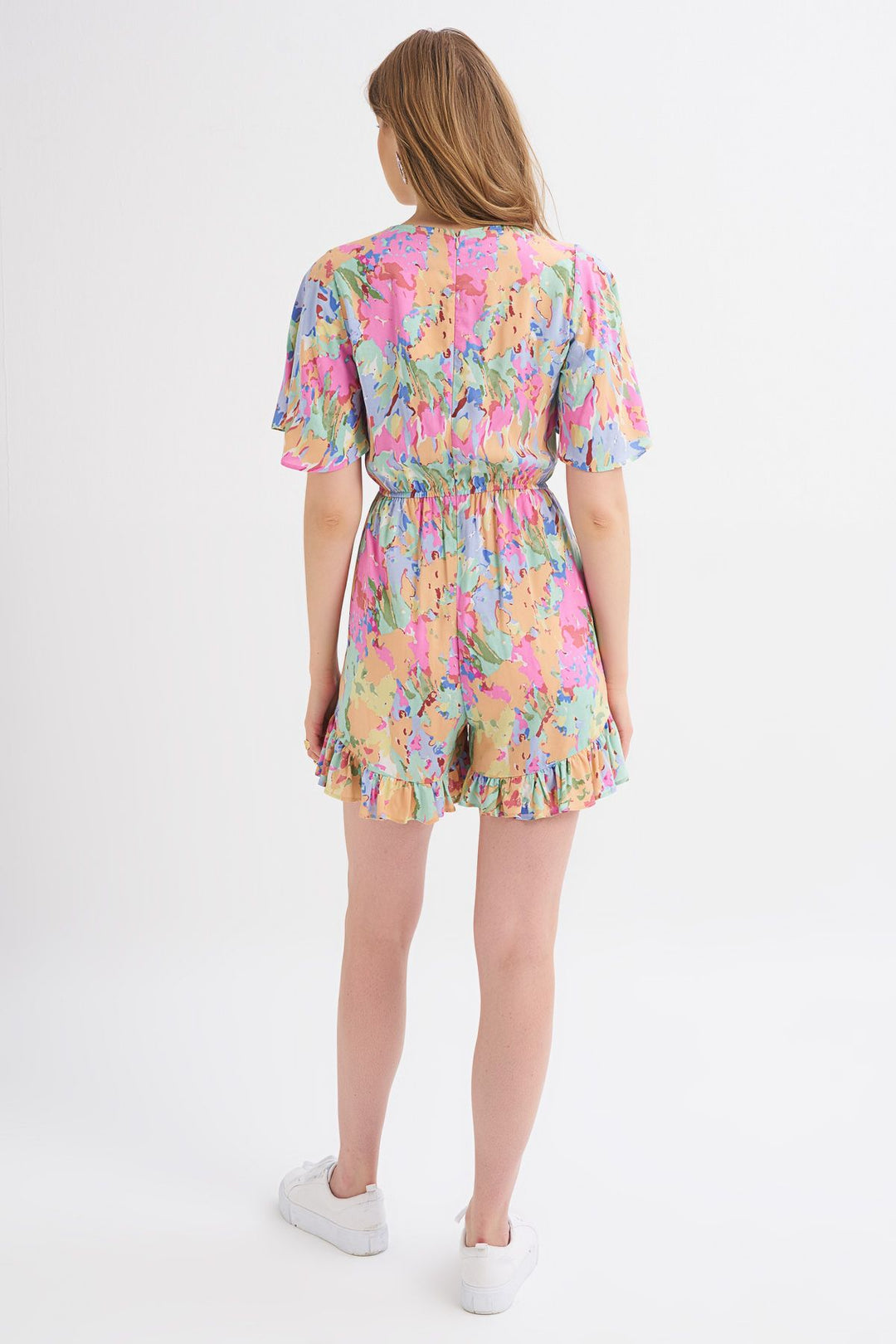 Patterned V-Neck Ruffle Detailed Jumpsuit Light Blue