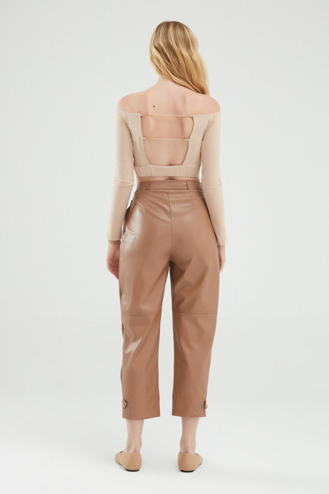 Leather Jogger Camel With Snap Legs