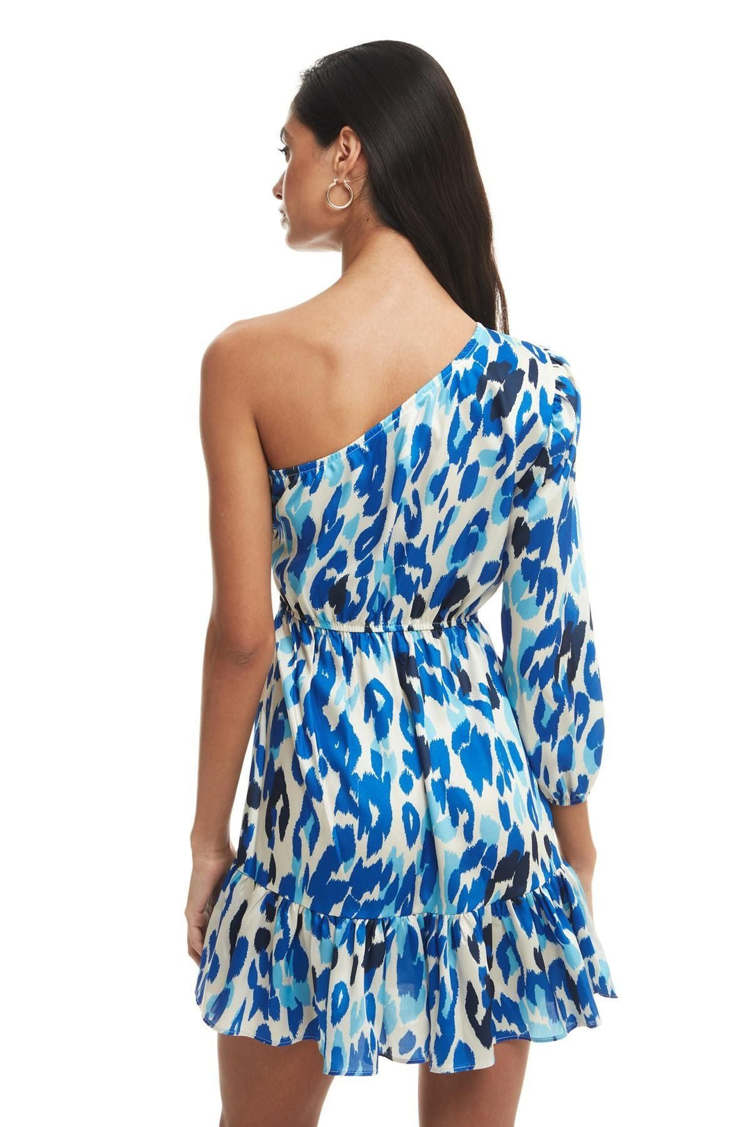 Patterned One Shoulder Dress Sax