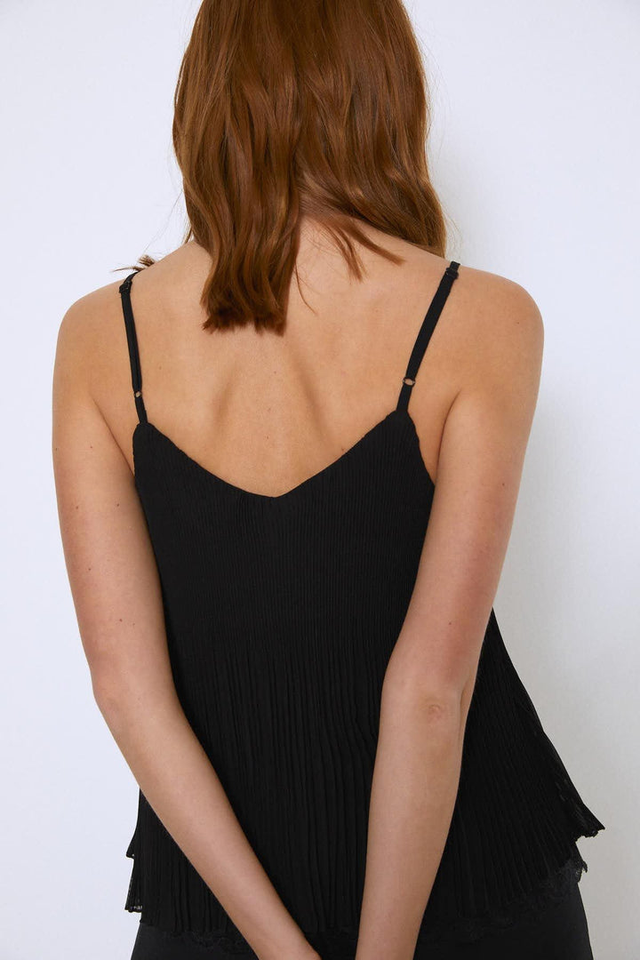 Lace Top V-Neck Strap Blouse Black