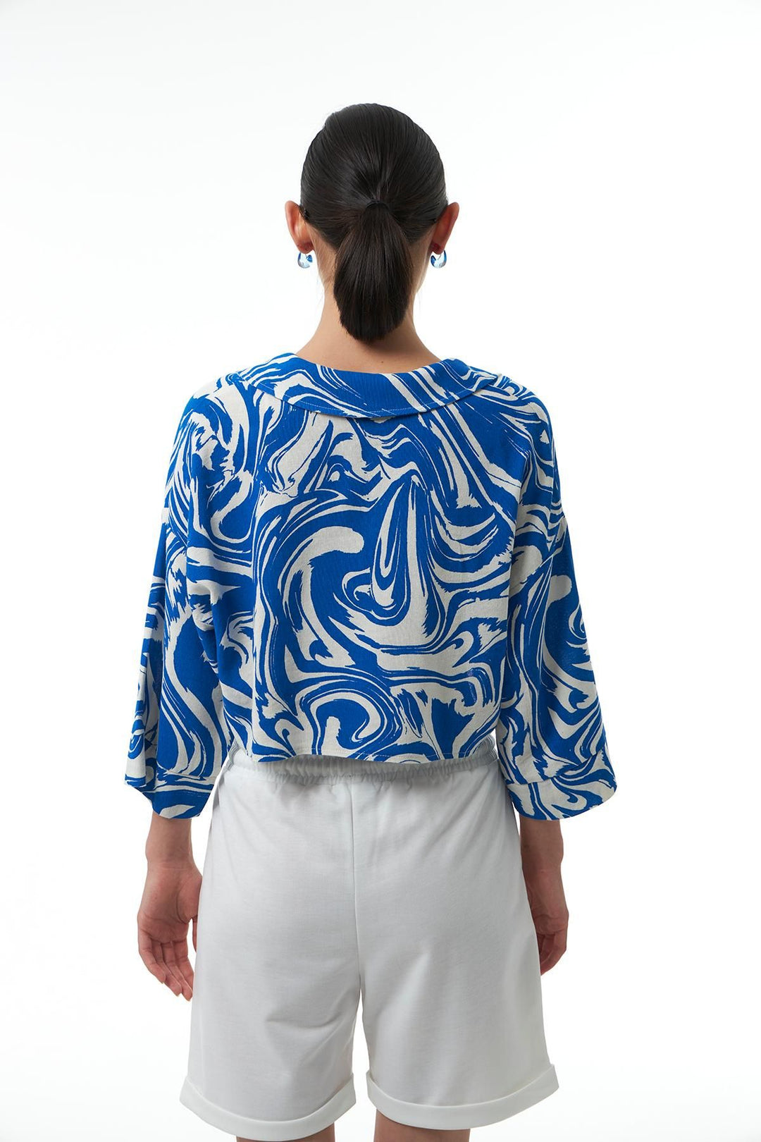 Desenli Keten Crop Gömlek Sax