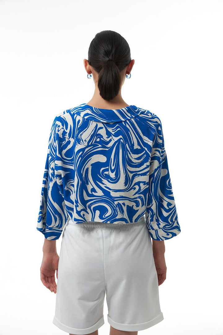 Desenli Keten Crop Gömlek Sax