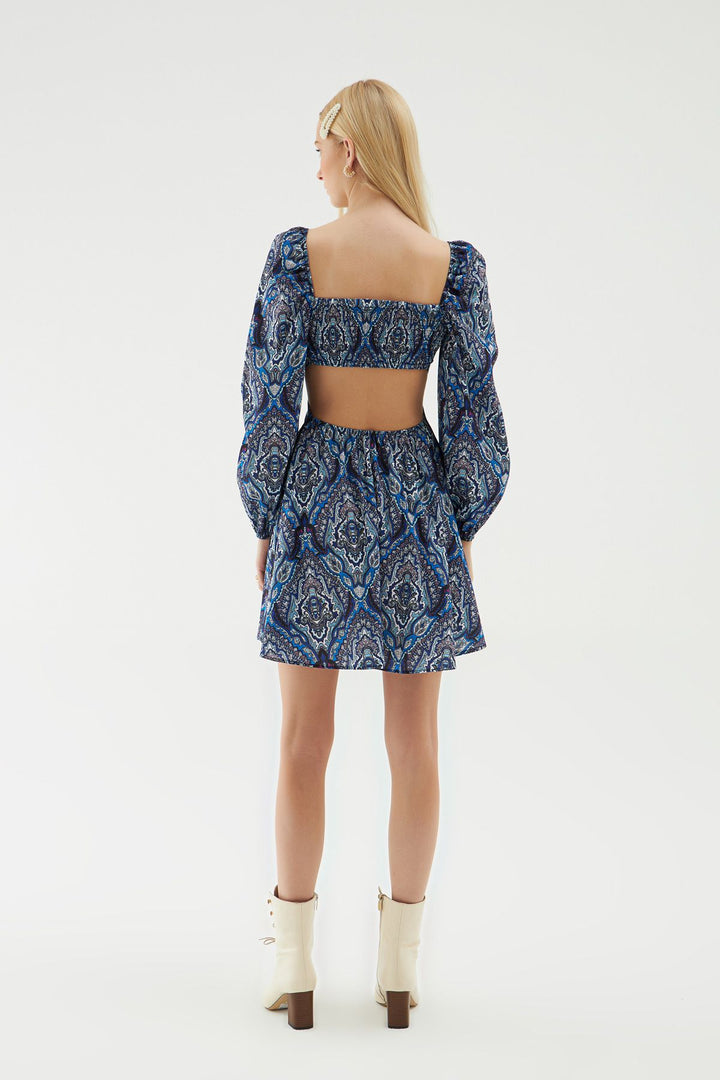 Cut Out Patterned Mini Dress Navy Blue