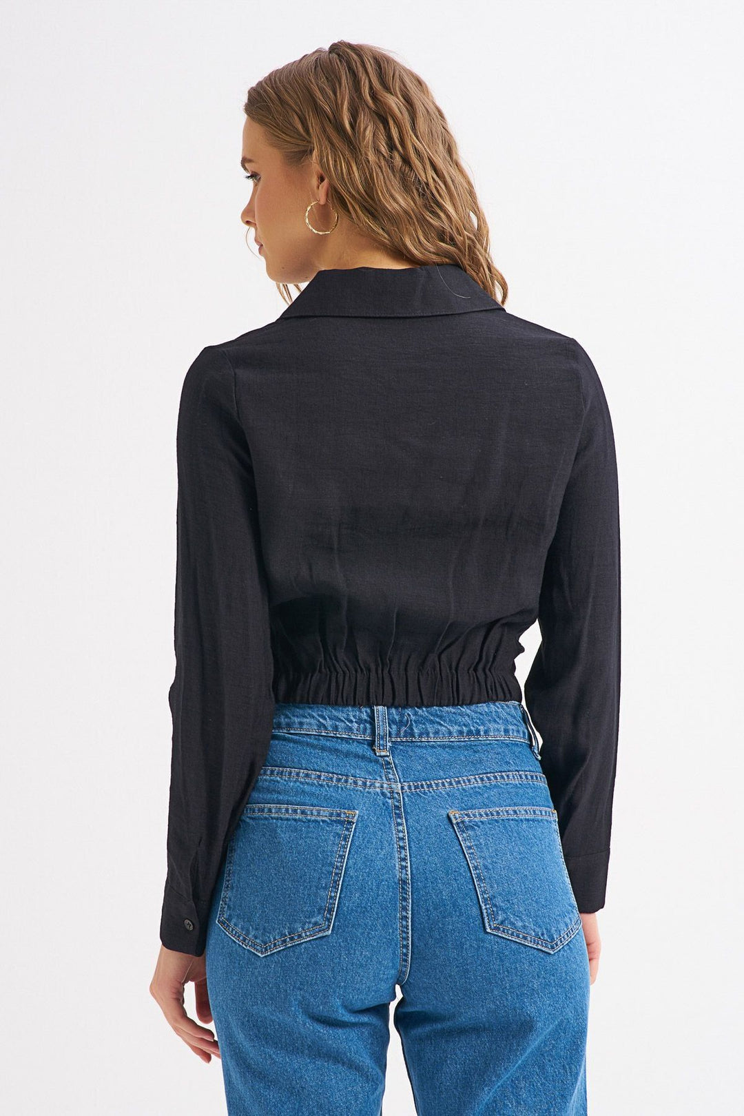 Front Zipper Tie Detailed Blouse Black