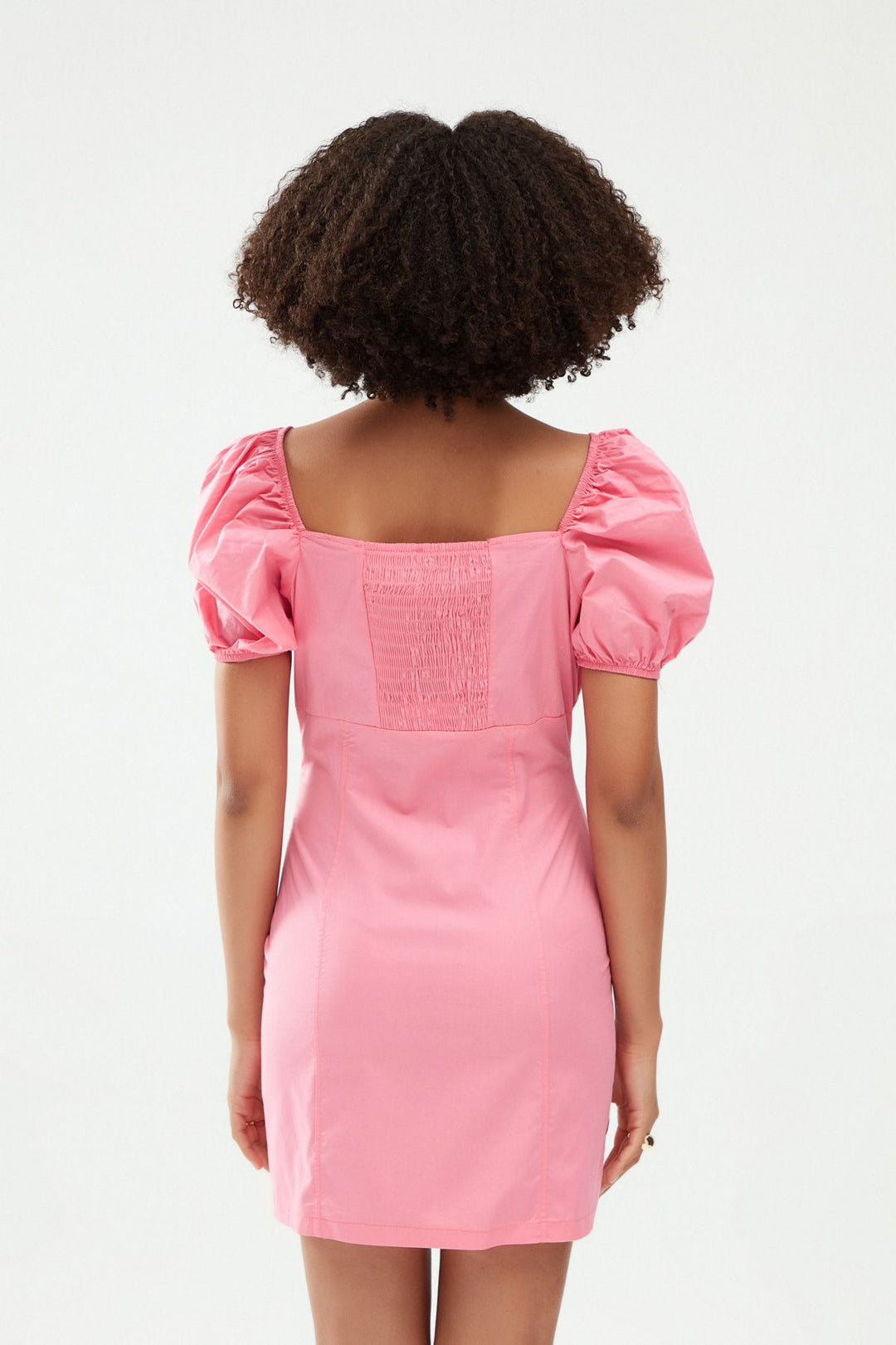 V Yaka Balon Kol Mini Elbise Şeker Pembe
