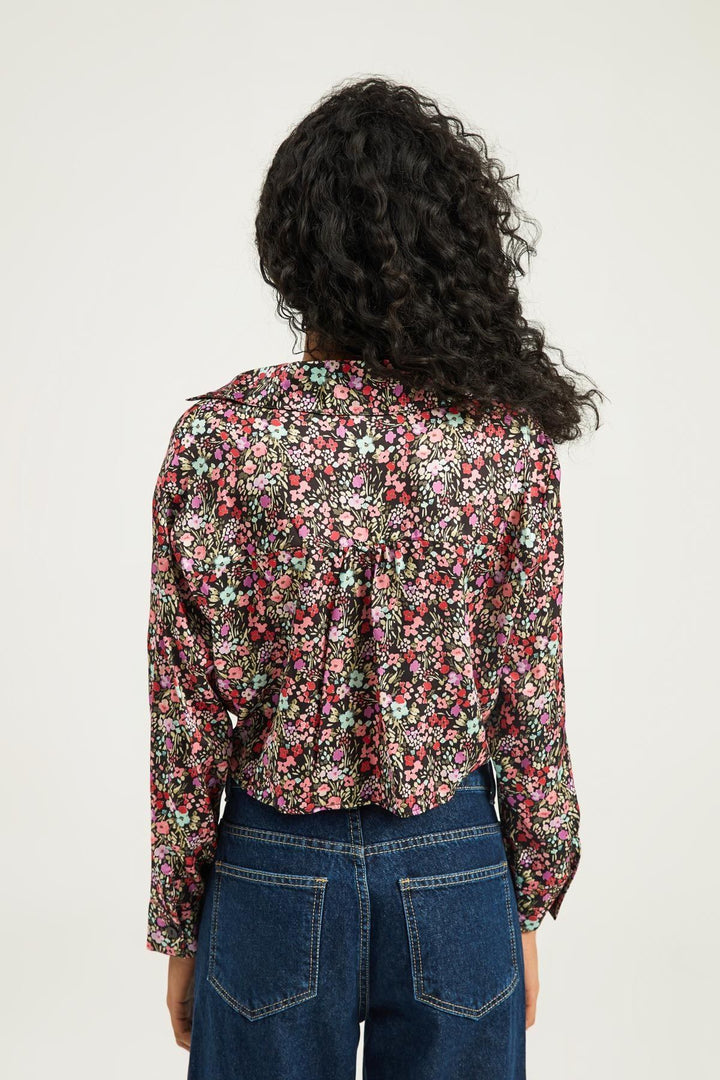 Önden Bağlamalı Çiçekli Gömlek Siyah