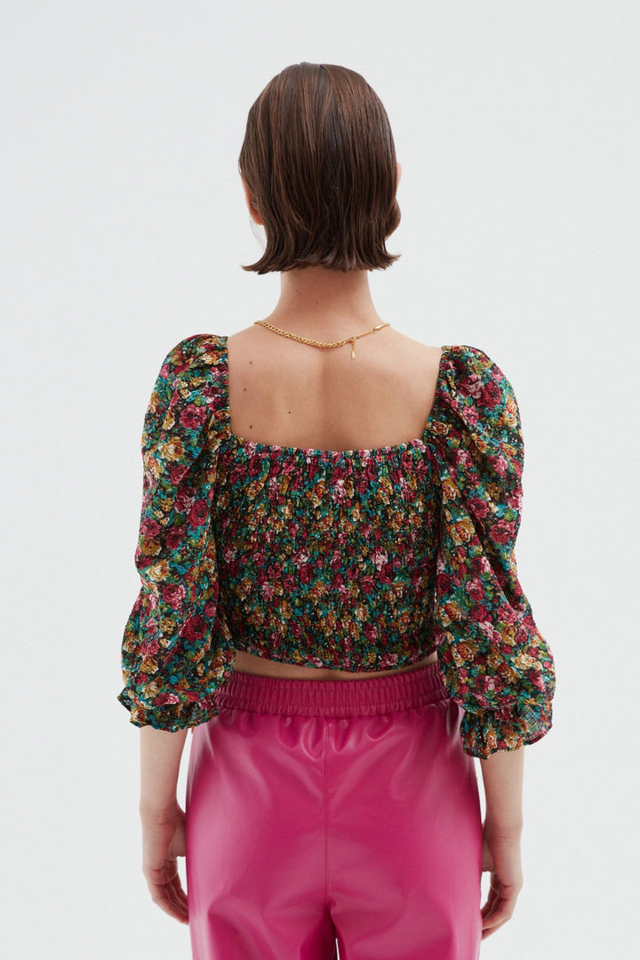 Balloon Sleeve Crop Blouse Green