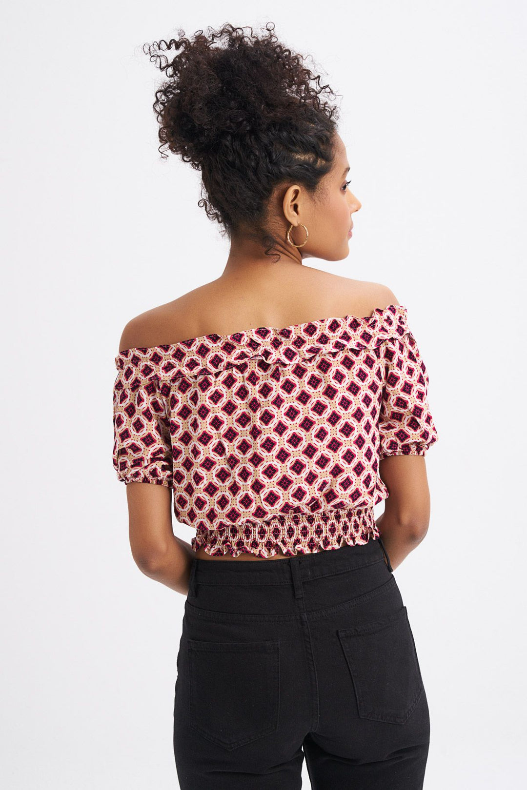 Patterned Off Shoulder Ruffle Detailed Blouse Claret Red