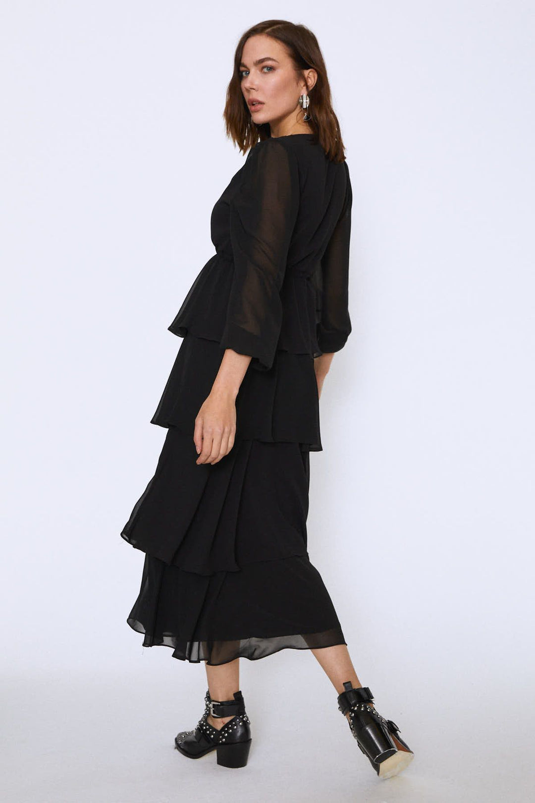 Eteği Katkat Şifon ELbise Siyah