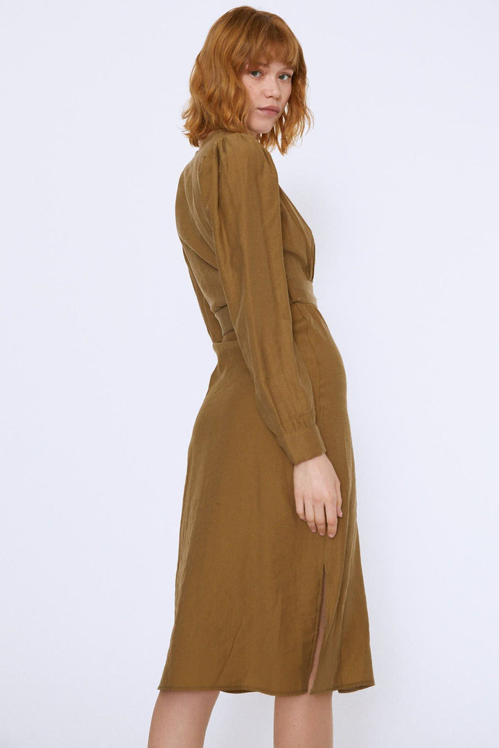 Button Front Belted Dress Khaki