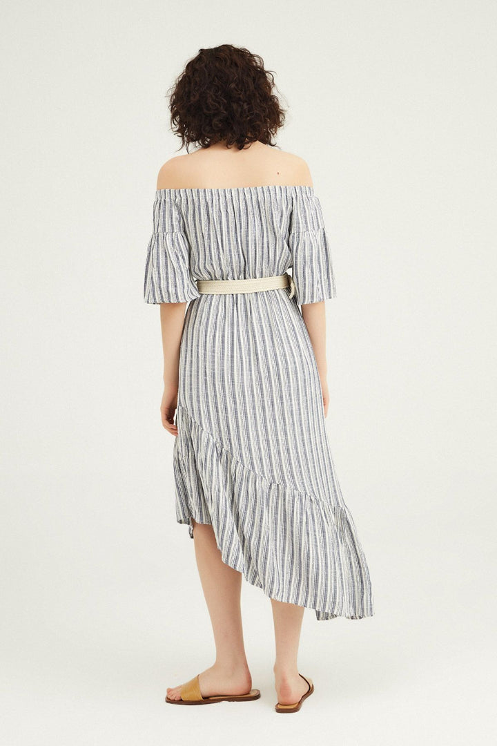 Off Shoulder Asymmetrical Belted Dress Indigo
