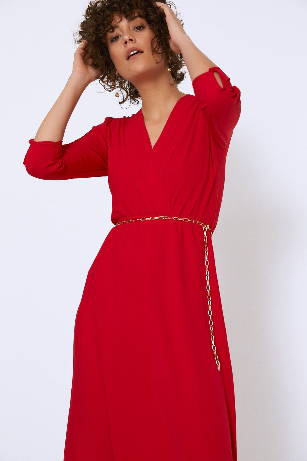 Chain Belt Double Breasted Dress Red