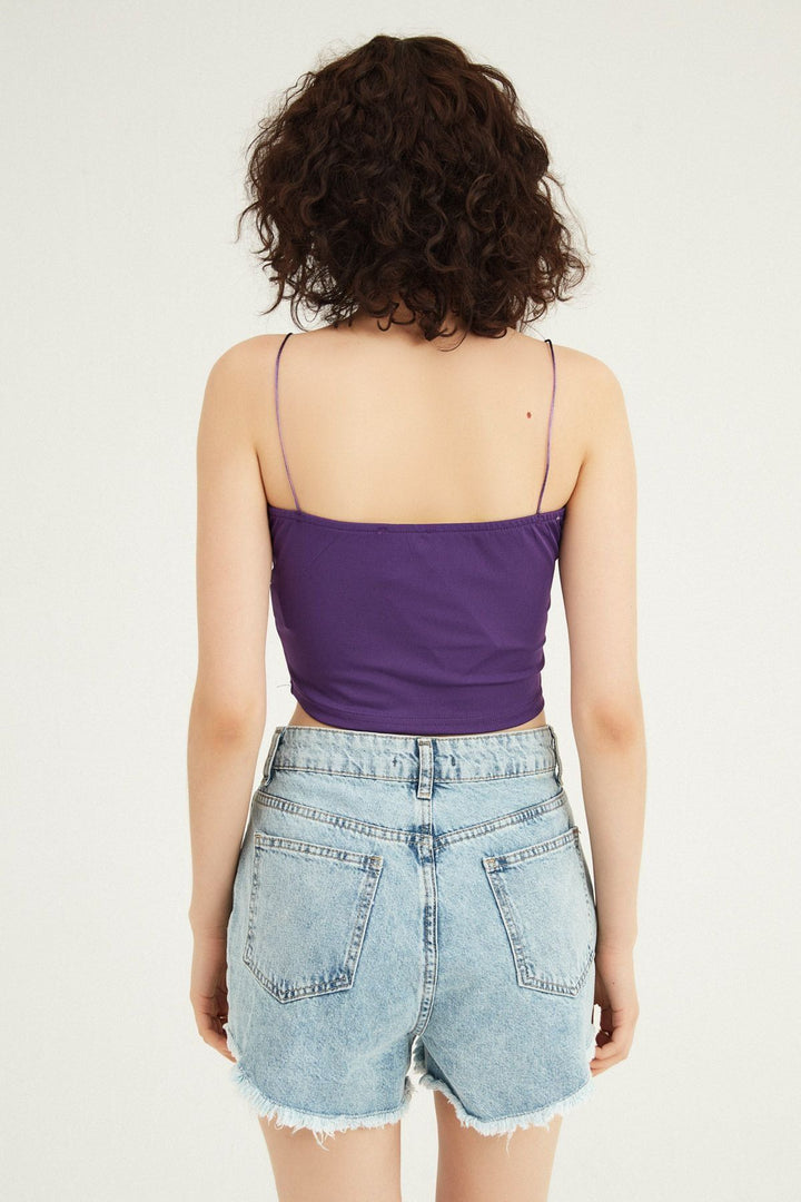 İp Askılı Crop Bluz Mor