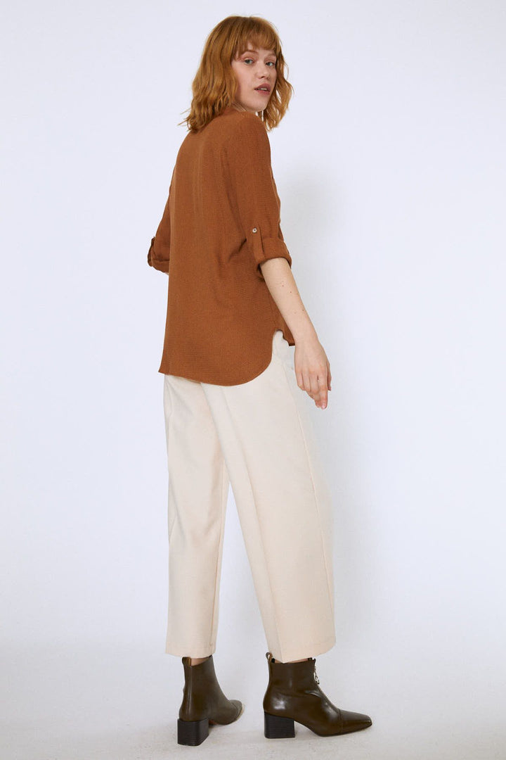 Three Quarter Sleeve Linen Shirt Brown