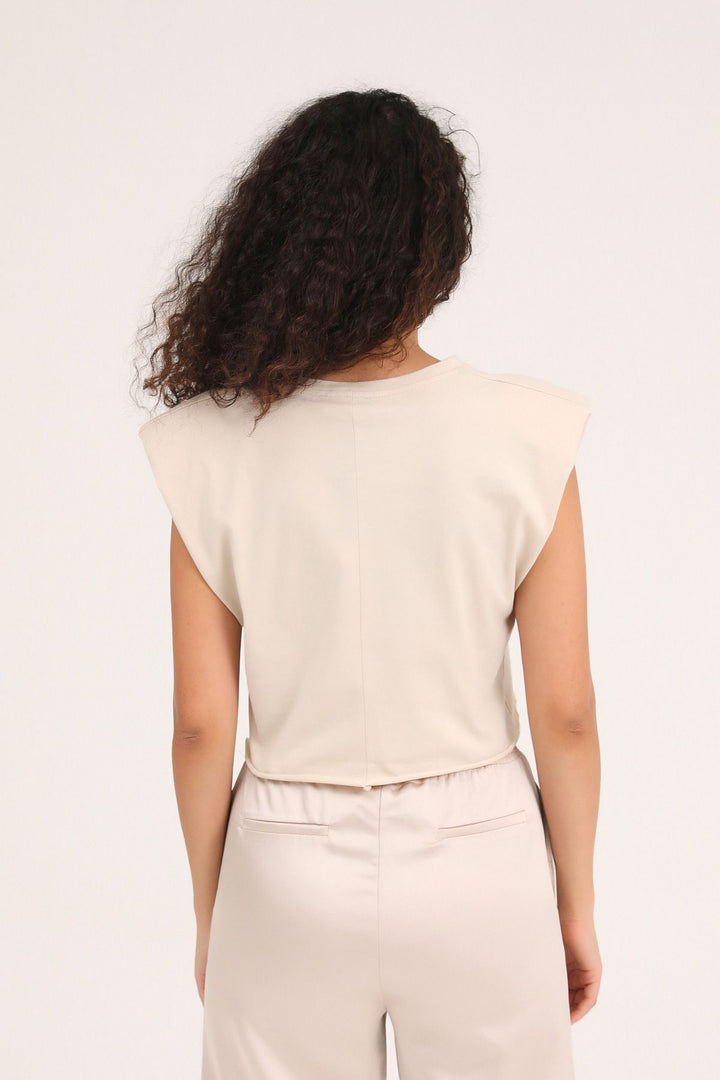 Printed Padded Crop T-Shirt Beige