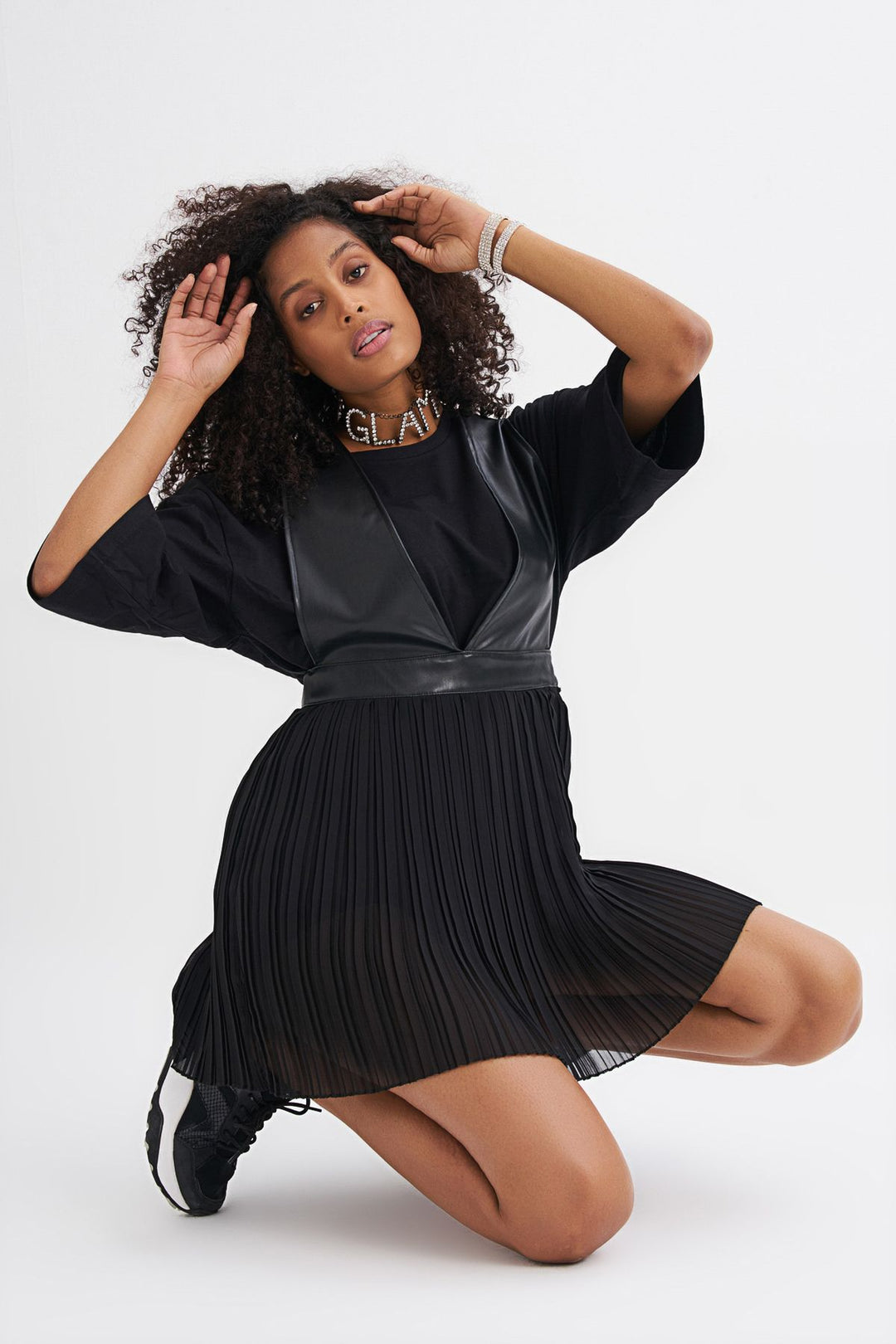 V-Neck Leather Pleated Dress Black