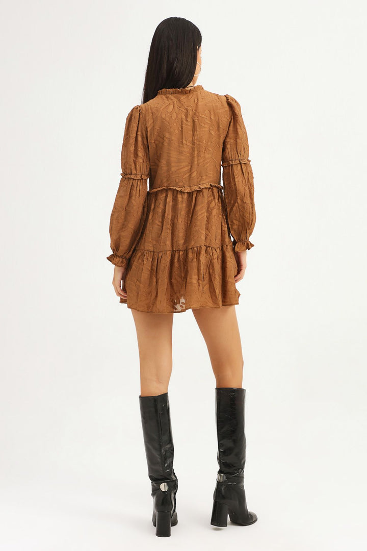 V-Neck Frilly Dress Brown