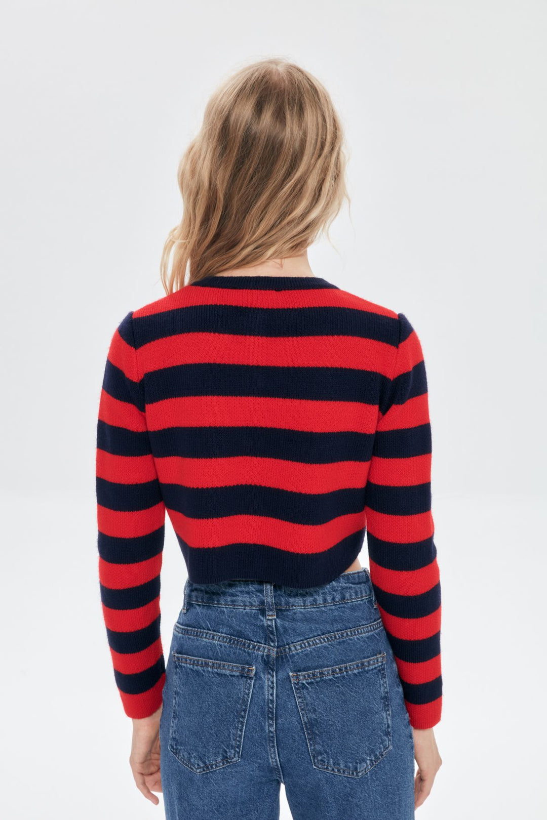 Çizgili Düğme Detaylı Crop Hırka Laci-Kırmızı