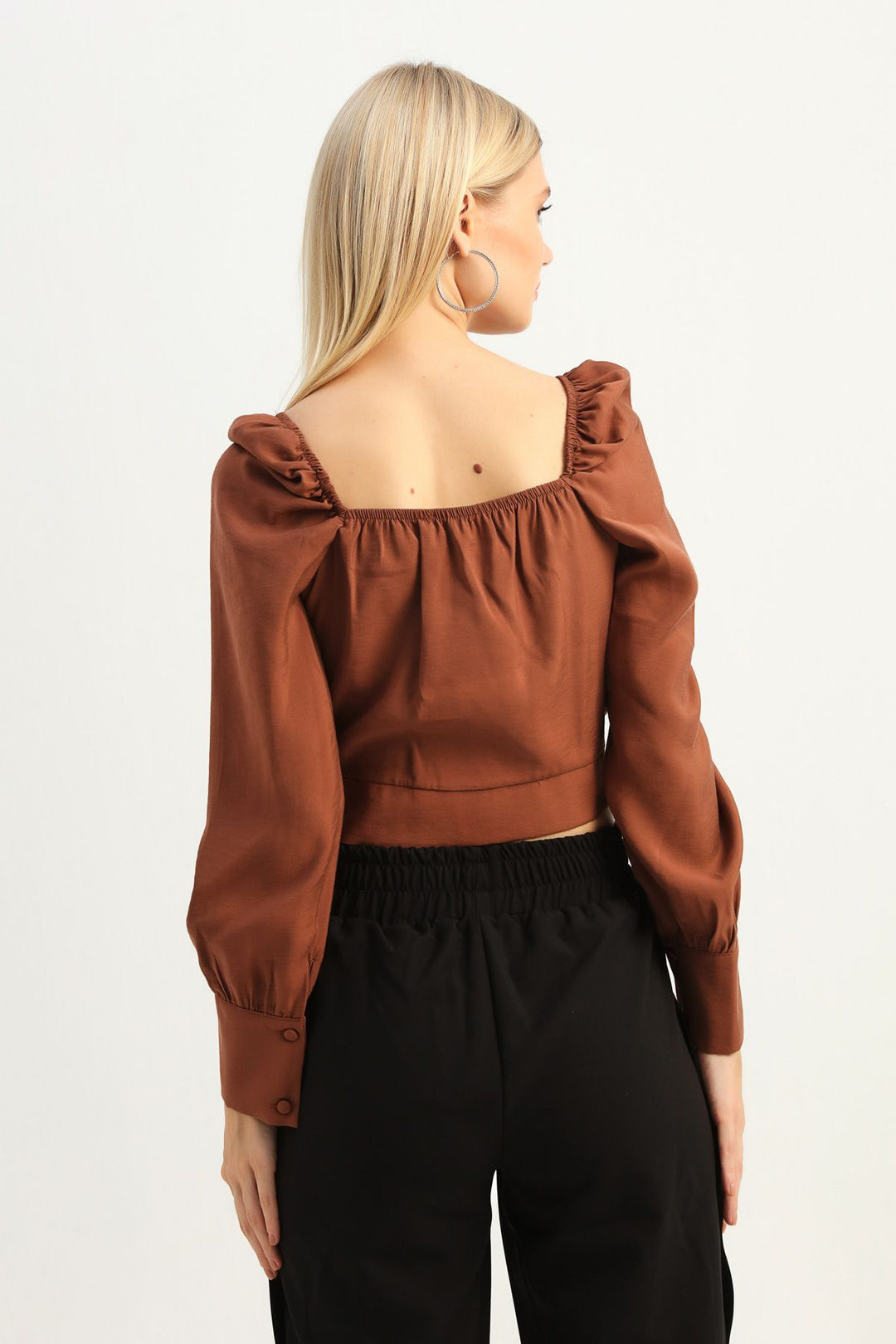 Balon Kol Kruvaze Crop Bluz Kahverengi