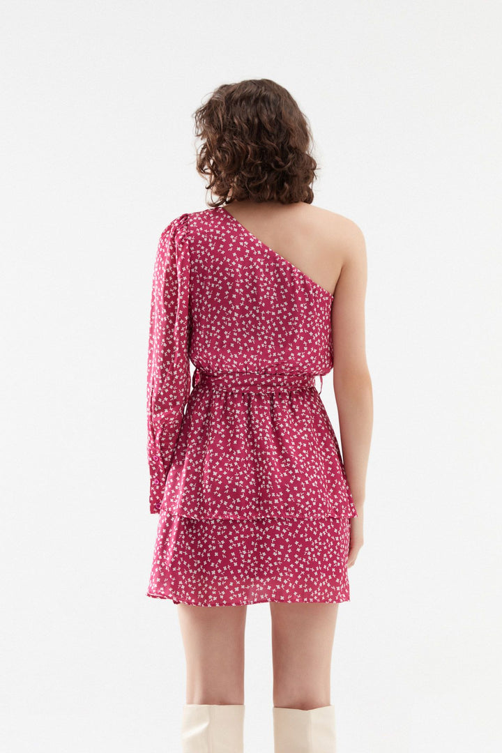 Tek Omuz Fırfırlı Mini Elbise Orkide