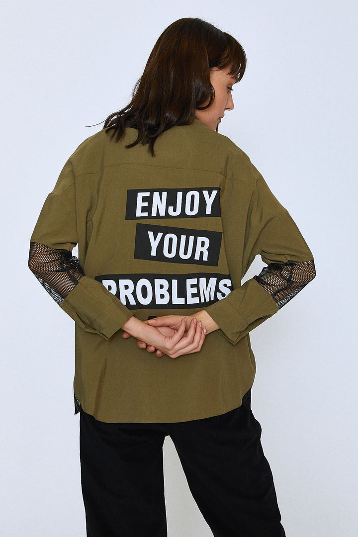 Back Printed Mesh Tencel Shirt Khaki